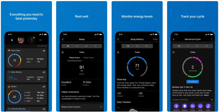 Schermafbeeldingen van de huidige Garmin Connect app. (Afbeeldingsbron: Garmin)