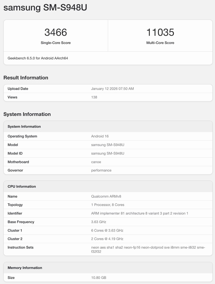 Geekbench-notering van de Galaxy S26 Ultra. (Afbeeldingsbron: Geekbench)