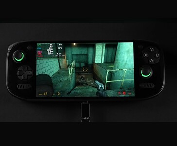 Half-Life 2 haalt 124 FPS op de Ayn Odin 2 Portal via Proton 11 ARM64, uitgevoerd met een extern toetsenbord en muis.