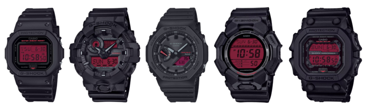 Van links naar rechts: DW-5600BBR-1, GA-700BBR-1A, GA-B2100BBR-1A, GD-010BBR-1 en GX-56BBR-1. (Afbeeldingsbron: Casio)