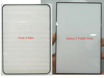 Huawei Pura X Max screen protector (links) vs Galaxy Z Fold 8 Wide screen protector (rechts).