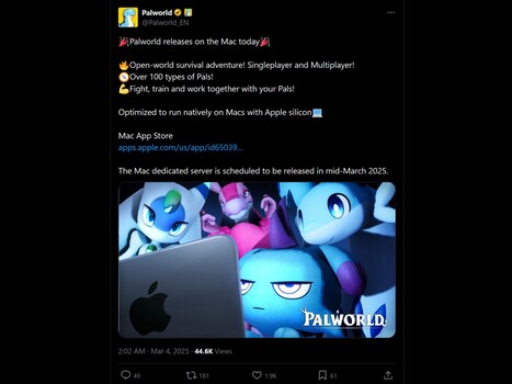 Aankondiging Palworld voor Mac X (Officieel Palworld X-account)