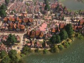 Een afbeelding waarop gebouwen te zien zijn in Farthest Frontier, momenteel met 50% korting op Steam.