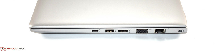 Rechts: USB 3.1 Gen 1 Type-C, USB 3.0 Type-A, HDMI, VGA, RJ45-Ethernet, voeding
