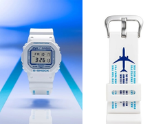 Afgebeeld - Het Casio x ANA DW-5600 collab horloge, samen met een close-up van het bandje met luchtvaartthema-details. (Afbeelding bron: @geesgshock op Instagram - bewerkt)