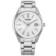 Citizen CB0300-53A radiogestuurd Eco-Drive-horloge met een witte wijzerplaat, roestvrijstalen kast en armband, aangebrachte staafindexen en een datumvenster op 3 uur.