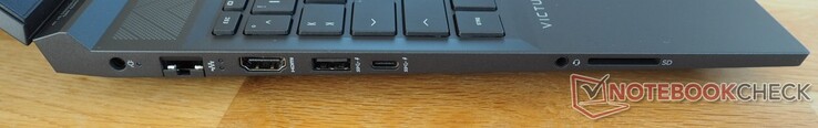Linkerzijde: stroomaansluiting, RJ45-LAN, HDMI 2.1, USB-A 3.0, USB-C 3.0 (incl. DisplayPort), audiopoort, kaartlezer
