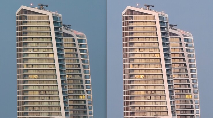 Links: Met teleconverter op 200 mm. Rechts: Zonder teleconverter.