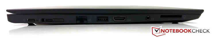 Linkerkant: Thunderbolt 3, USB-C 3.1 (Gen1), docking, Gigabit Ethernet, USB 3.0, HDMI 1.4b, 3.5 mm stereopoort, kaartlezer