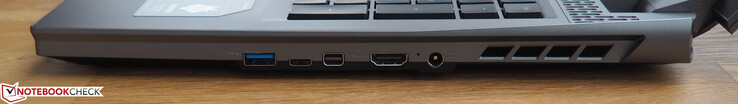 Rechts: USB 3.0 Type-A-poort, Thunderbolt 3-poort, Mini-DisplayPort 1.4-uitgang, HDMI 2.0-uitgang, voedingsaansluiting