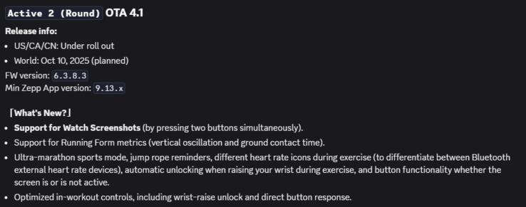 De release notes voor firmware versie 6.3.8.3 voor de Active 2 (Round) smartwatch. (Afbeeldingsbron: Amazfit via Discord)