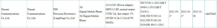 De Xiaomi "13" doet zijn intrede in de 3C database. (Bron: 3C via MySmartPrice)