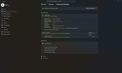 Windows Geavanceerde beeldscherminstellingen met opties voor vernieuwingsfrequentie