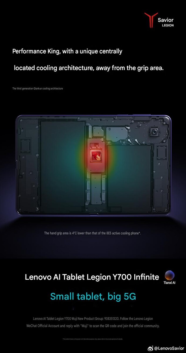 Interne opbouw van de Lenovo Legion Y700 Infinite, waarbij de centraal geplaatste Snapdragon-processor en de thermische architectuur te zien zijn, die zijn ontworpen om het greepgedeelte van de tablet tijdens het gamen koeler te houden.