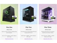 Een screenshot van het NZXT Flex PC-verhuurabonnementsprogramma, met de verschillende niveaus die beschikbaar zijn voor consumenten