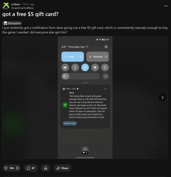 Xbox Reddit post over gratis cadeauboncodes (Afbeelding bron: screenshot, Xbox subreddit)