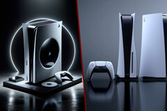 Is het beter om een AI-gegenereerde afbeelding (links) van een aankomend apparaat (PS5 Pro) te gebruiken of een stand-in officiële afbeelding (PS5; rechts) totdat het echte product wordt gespot? (Afbeeldingsbron: Dall-E 3 / SIE - bewerkt)