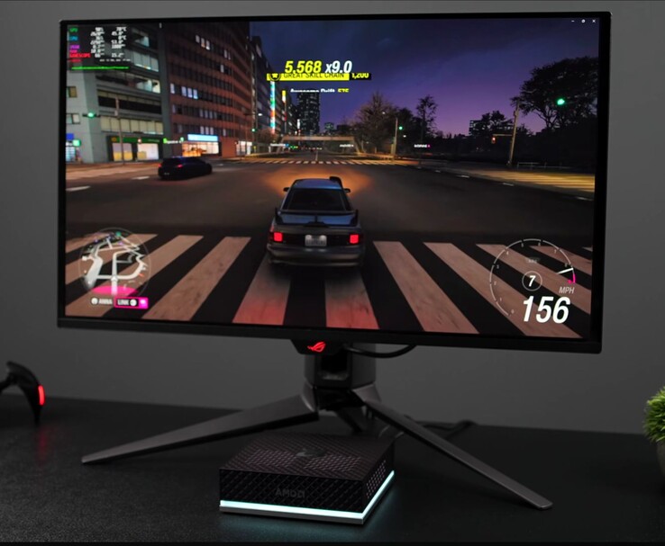AMD Ryzen AI Max+ 395 mini-pc waarop gameplay via SteamOS wordt weergegeven op een externe gamingmonitor
