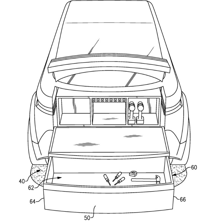 Ford lijkt de F-150 Lightning kofferbakuitbreiding te willen gebruiken als werkoppervlak, gezien alle praktische ruimte en functies die het bevat. (Afbeelding bron: US Patent Application Publication)