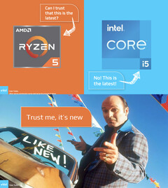 Intel heeft AMD in zijn nieuwe reclamecampagne vergeleken met verkopers van tweedehands auto&#039;s en slangenolie. (Afbeeldingsbron: Intel)