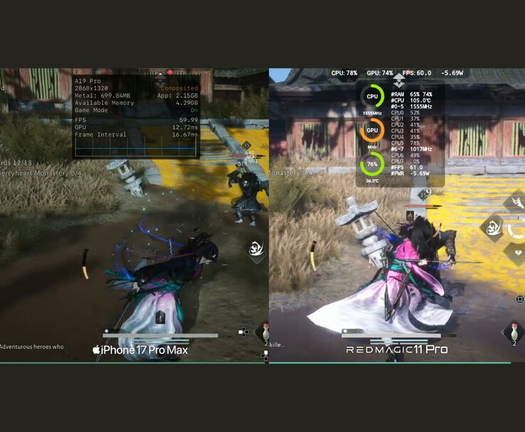 Where Winds Meet Mobile prestatievergelijking tussen iPhone 17 Pro Max en RedMagic 11 Pro met statistieken op het scherm (Afbeeldingsbron: Dame Tech via YouTube)