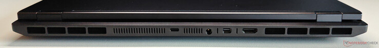 Achterkant: USB-C 4.0 met Thunderbolt 4 (40 Gbps, DisplayPort 2.1 via iGPU, 140 W Power Delivery), voedingsaansluiting, Mini DisplayPort 2.1 (via dGPU, DP40/UHBR10, VRR/G-Sync), HDMI 2.1 (via dGPU, 48 Gbps, HDCP 2.3, VRR/G-Sync)