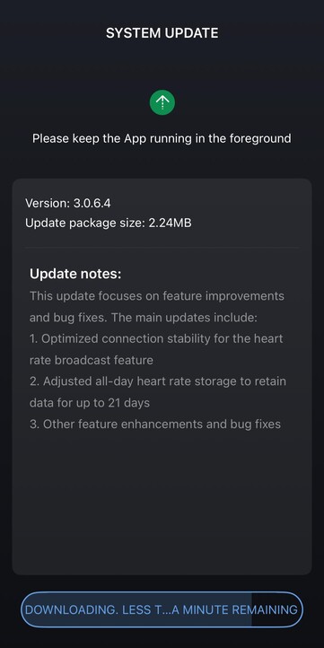 De release notes voor de Amazfit Helio Strap software versie 3.0.6.4. (Afbeelding bron: Amazfit)
