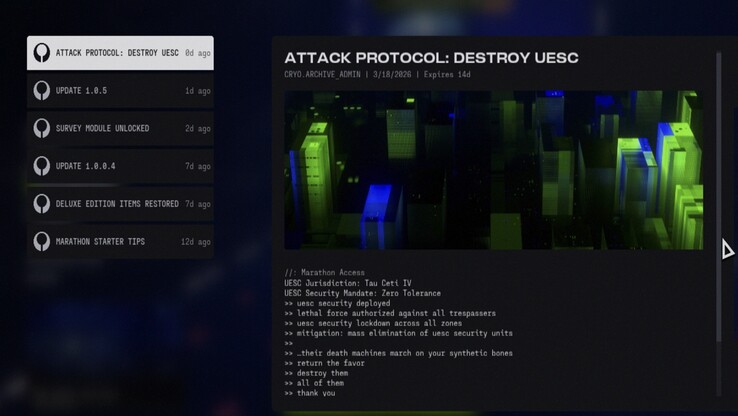 Marathon nieuwspaneel met update 1.0.5 en gerelateerde nieuwe inhoudsinformatie.
