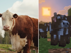 Een screengrab van de Minecraft Tiny Takeover Update waarin in-game koeien worden vergeleken met een echte koe