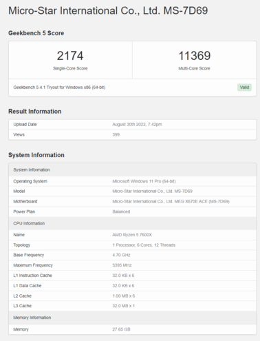 AMD Ryzen 5 7600 op Geekbench. (Bron: Geekbench)