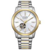 Citizen NH9154-51A tweekleurig automatisch horloge met een zilverkleurige wijzerplaat, een goudkleurige lunette en middelste schakels van de armband, en een open-hart-display boven de 6 uur-positie.
