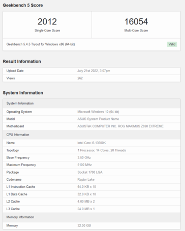 Intel Core i5-13600K Geekbench listing (afbeelding via Geekbench)