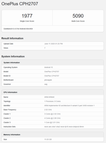 OnePlus Nord 5 Geekbench notering (afbeeldingsbron: Geekbench)