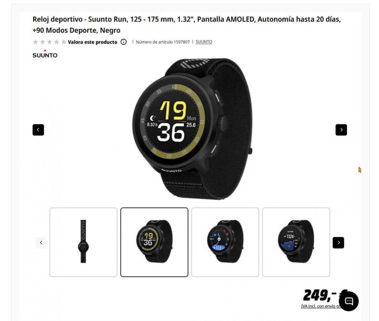 De productlijst van het Suunto Run horloge bij MediaMarkt Spanje. (Afbeeldingsbron: u/GoatInformal9622 via Reddit)