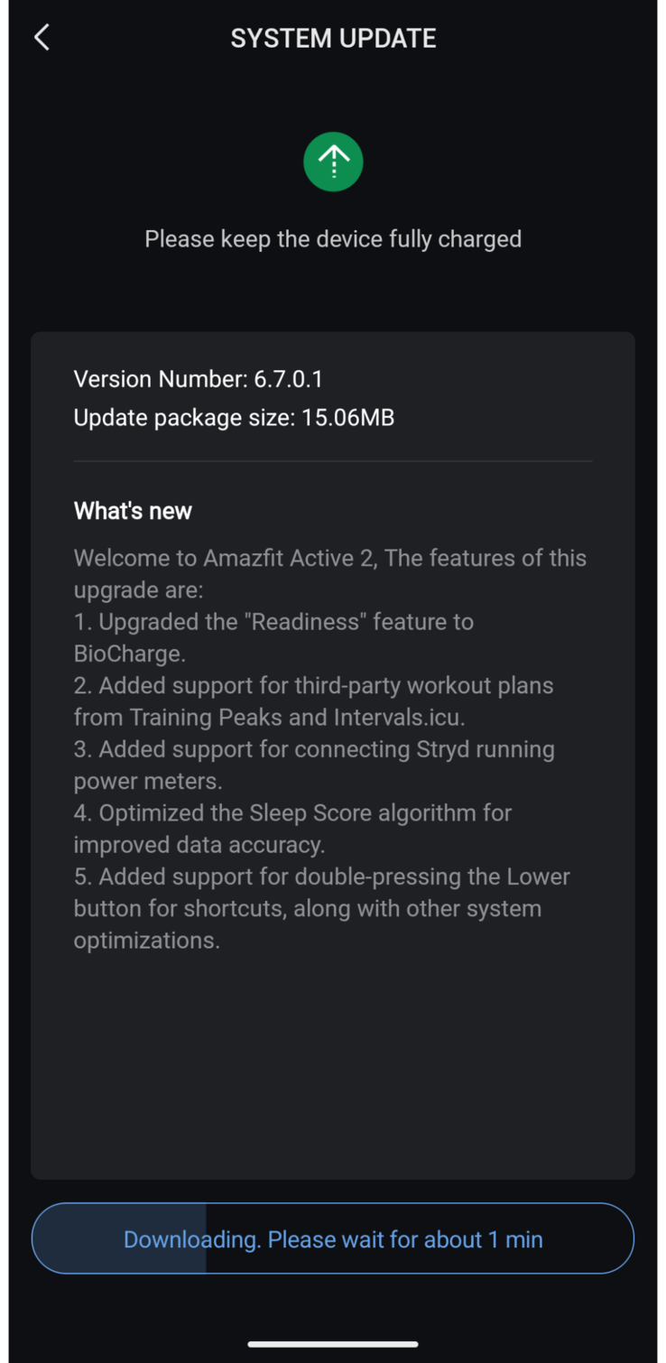 De release notes voor softwareversie 6.7.0.1 voor de Amazfit Active 2 smartwatches. (Afbeeldingsbron: u/kruzin_tv via Reddit)