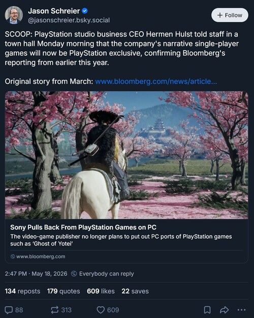 Jason Schreier Bluesky post over PS5 exclusives