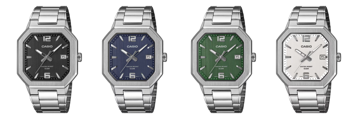 Van links naar rechts: de Casio MTP-B195D-1AV, MTP-B195D-2AV, MTP-B195D-3AV en MTP-B195D-7AV horloges. (Afbeeldingsbron: Casio, bewerkt)
