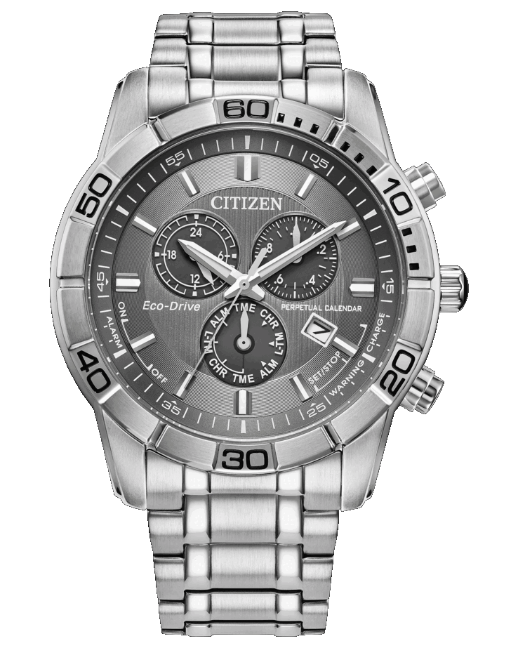 Citizen Classic Eco-Drive-chronograaf met een grijze wijzerplaat, een geborstelde roestvrijstalen kast van 44 mm, een vaste 60-minuten-ring en drie subwijzerplaten.