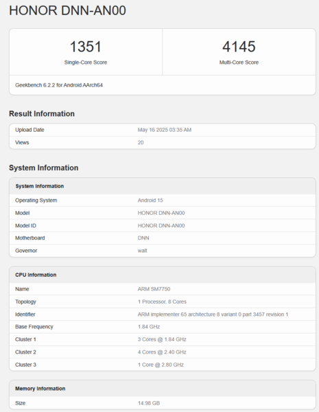 Snapdagon 7 Gen 4 Geekbench notering (bron: Geekbench)