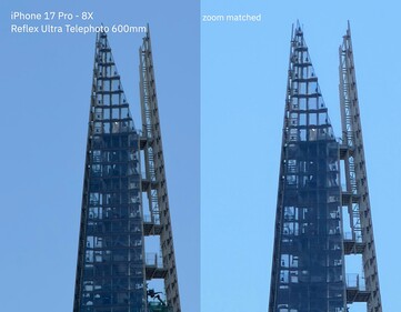 iPhone 17 Pro - 24x zoom zonder verlies met de 300-600mm lens (links) vs. 24x digitale zoom (rechts).