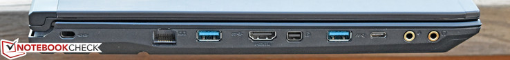 Linkerkant: Kensington Lock, Gigabit Ethernet, USB 3.0, HDMI, mini-DisplayPort, USB 30, USB Type-C, Microfoon, Koptelefoon