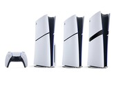 PlayStation DualSense-controller, PS5-console met schijfstation, PS5 Digital Edition en PS5 Pro (van links naar rechts).