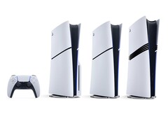 PlayStation DualSense-controller, PS5-console met schijfstation, PS5 Digital Edition en PS5 Pro (van links naar rechts).