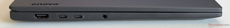 Linkerkant: HDMI 2.1, USB-C 3.2 Gen.1 (5 Gbps, DisplayPort 1.2, Power Delivery), USB-C 4.0 met Thunderbolt 4 (40 Gbps, DisplayPort 2.1, Power Delivery), 3,5 mm stereo