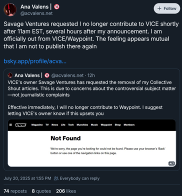 Ana Valens kondigt ontslag aan bij Vice (Afbeeldingsbron: screenshot, Ana Valens Bluesky-account)
