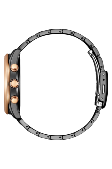 Zijaanzicht van de Citizen Eco-Drive BY1036-53L, met zijn roségouden lunette, kroon en drukknoppen en zwarte armband