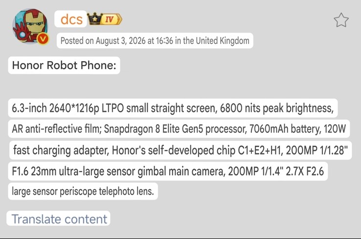 De technische specificaties van de Honor Robot Phone worden gedetailleerd beschreven in het Weibo-bericht van DCS