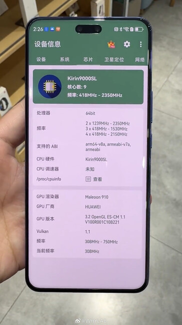 Kirin 9000SL specificaties en kloksnelheid (Afbeelding bron: WHYLAB op Weibo)