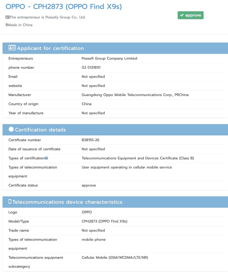 De Oppo Find X9s is goedgekeurd door het NBTC.