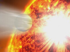 Een artistieke illustratie waarop te zien is hoe een ster een planeet opneemt.